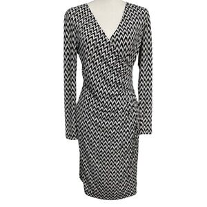 Calvin Klein Faux Wrap Midi Dress SZ 6 Black White Print V-Neck Office Wear GUC